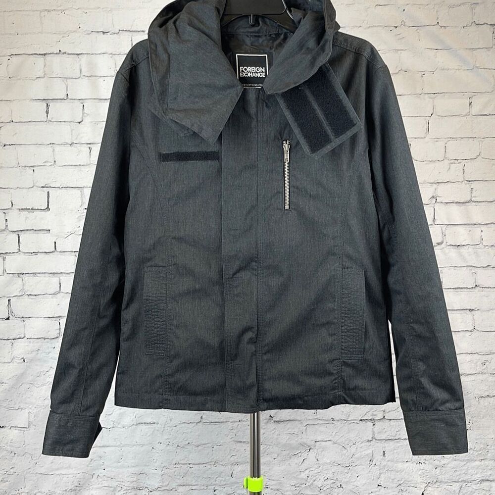 Foreign Exchange Mens Hooded Jacket Zip Pockets Winter Long Sleeve Gray Small